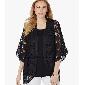 Jessica London Black Crochet Open Front Cardigan Shrug Boho Goth Sz L 18/20